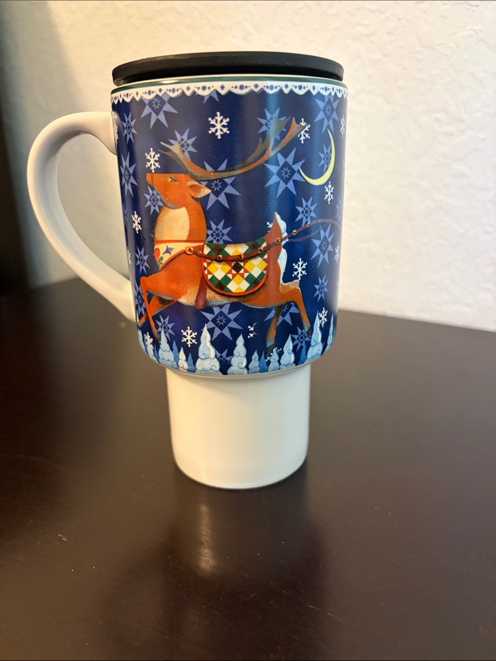 Jim Shore Blue Reindeer Travel Mug with Orange Accents